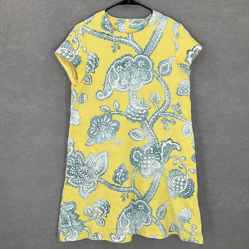 J.McLaughlin Dress‎ Womens Sz M Linen Yellow Floral Pockets Short Sleeve Travel